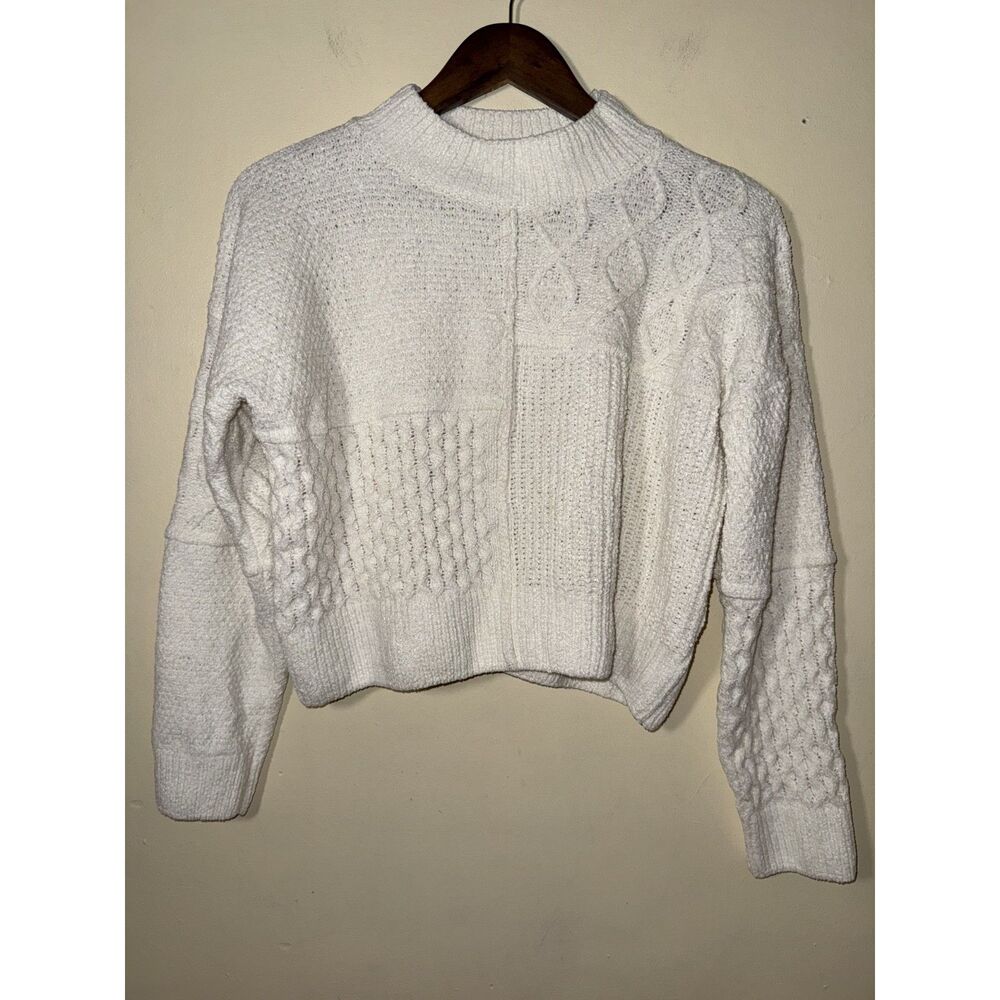 Pink Rose Ivory Patchwork Cable Knit Cropped Mock Neck Sweater Medium